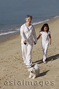 Asia Images Group - Older woman walking dog with young girl.