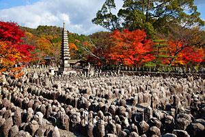 Asia Images Group - Arashiyama,Adashino Nembutsu-ji Temple, Autumn leaves in background. Kyoto, Japan