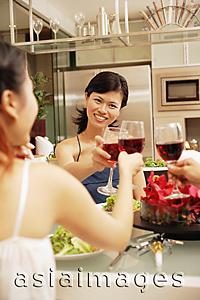 Asia Images Group - Friends toasting wine glasses across dinner table, over the shoulder view