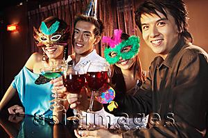 Asia Images Group - Couples with masks, holding drinks, looking at camera