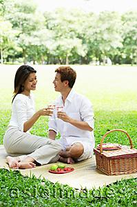 Asia Images Group - Couple having picnic in park, toasting with drinks