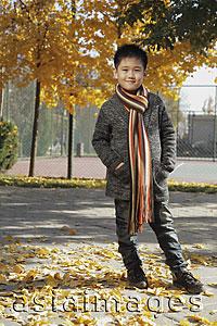 Asia Images Group - Young boy wearing sweater and scarf outdoors