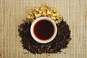 AsiaPix - Chinese teacup and pile of loose tea leaves, directly above