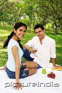 PictureIndia - Couple holding wine glasses, sitting on picnic blanket